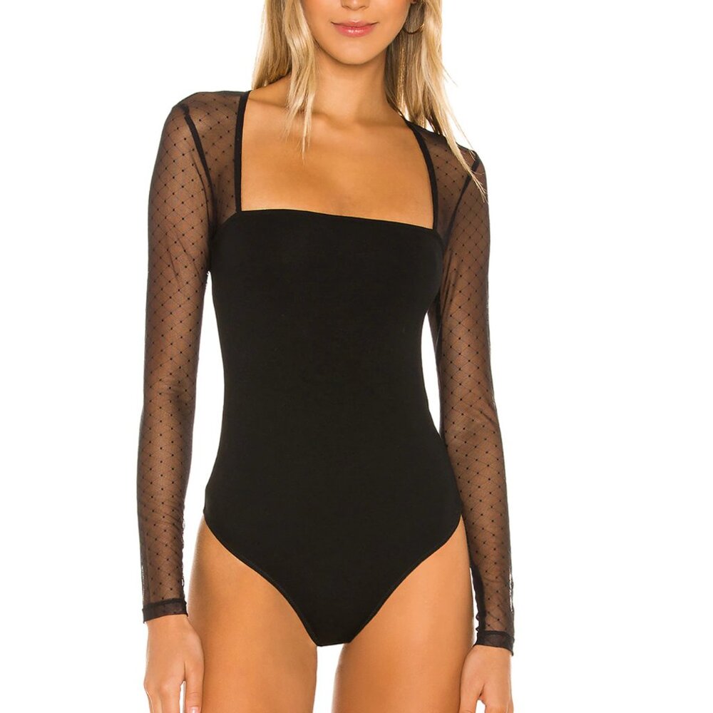 Lovers + Friends Black Mesh Sleeve Square Neck Bodysuit